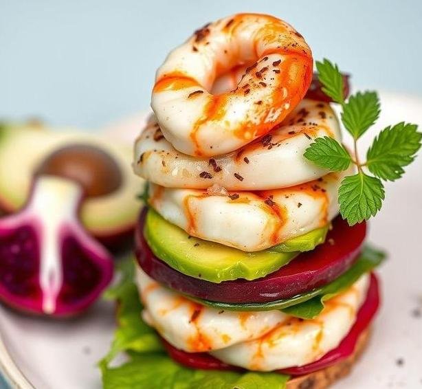 avocado beetroot and prawn stack