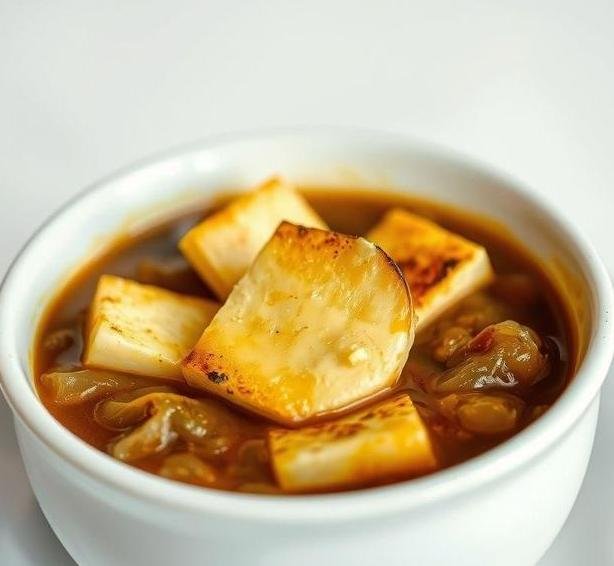 french onion soup with mustard cheese croutes