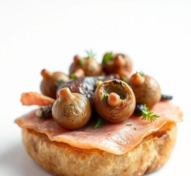 garlic mushrooms and cured ham on toasted brioche