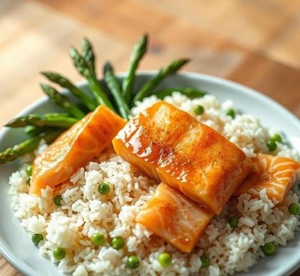 hot smoked salmon rice and asparagus salad