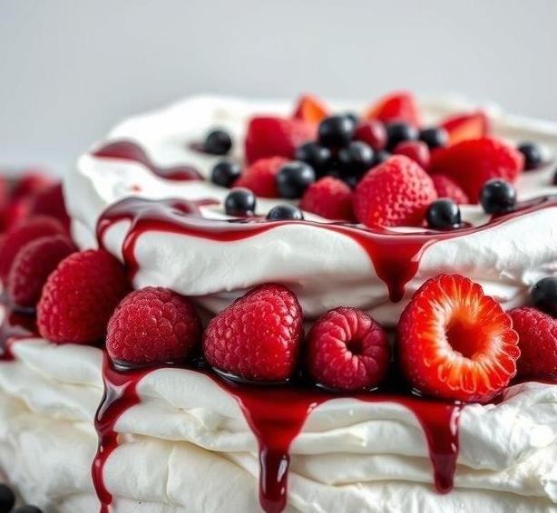 pavlova with rosy red fruits and cassis