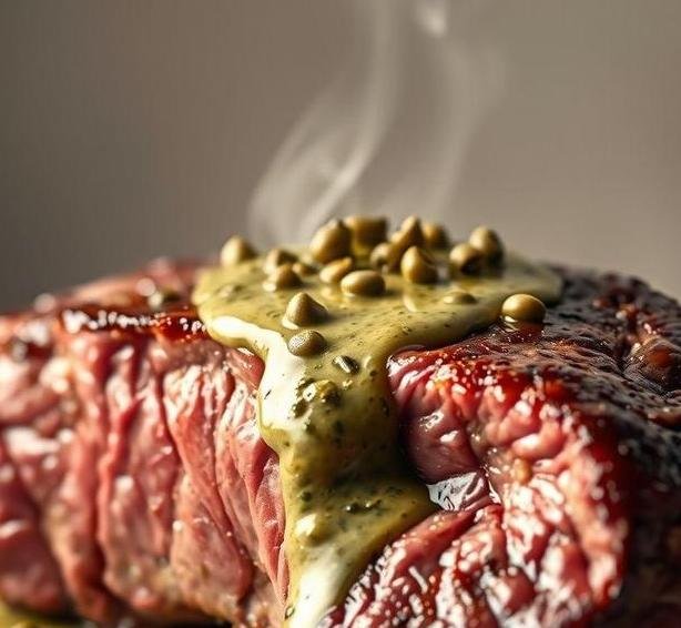 rib eye steak with green peppercorn sauce